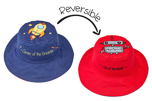 Kids & Toddler Reversible Bucket Sun Hat - Spaceship & Robot -  FlapJackKidsCanada