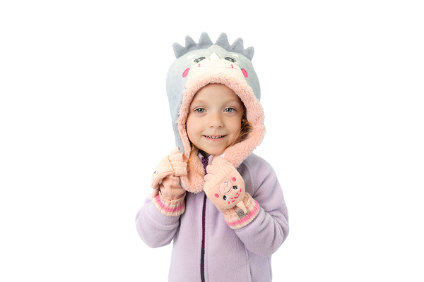 Kids Knitted Fingerless Gloves with Mitten Flaps - Dino Pink
