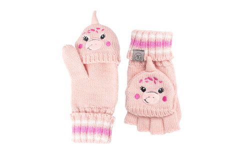 Kids Knitted Fingerless Gloves with Mitten Flaps - Dino Pink