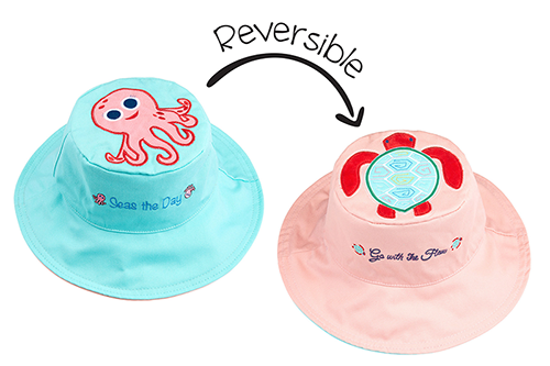 Reversible Kids & Toddler Sun Hat - Pink Octopus & Sea Turtle