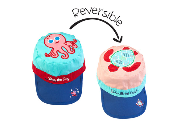 Reversible Kids Cap - Pink Octopus / Sea Turtle